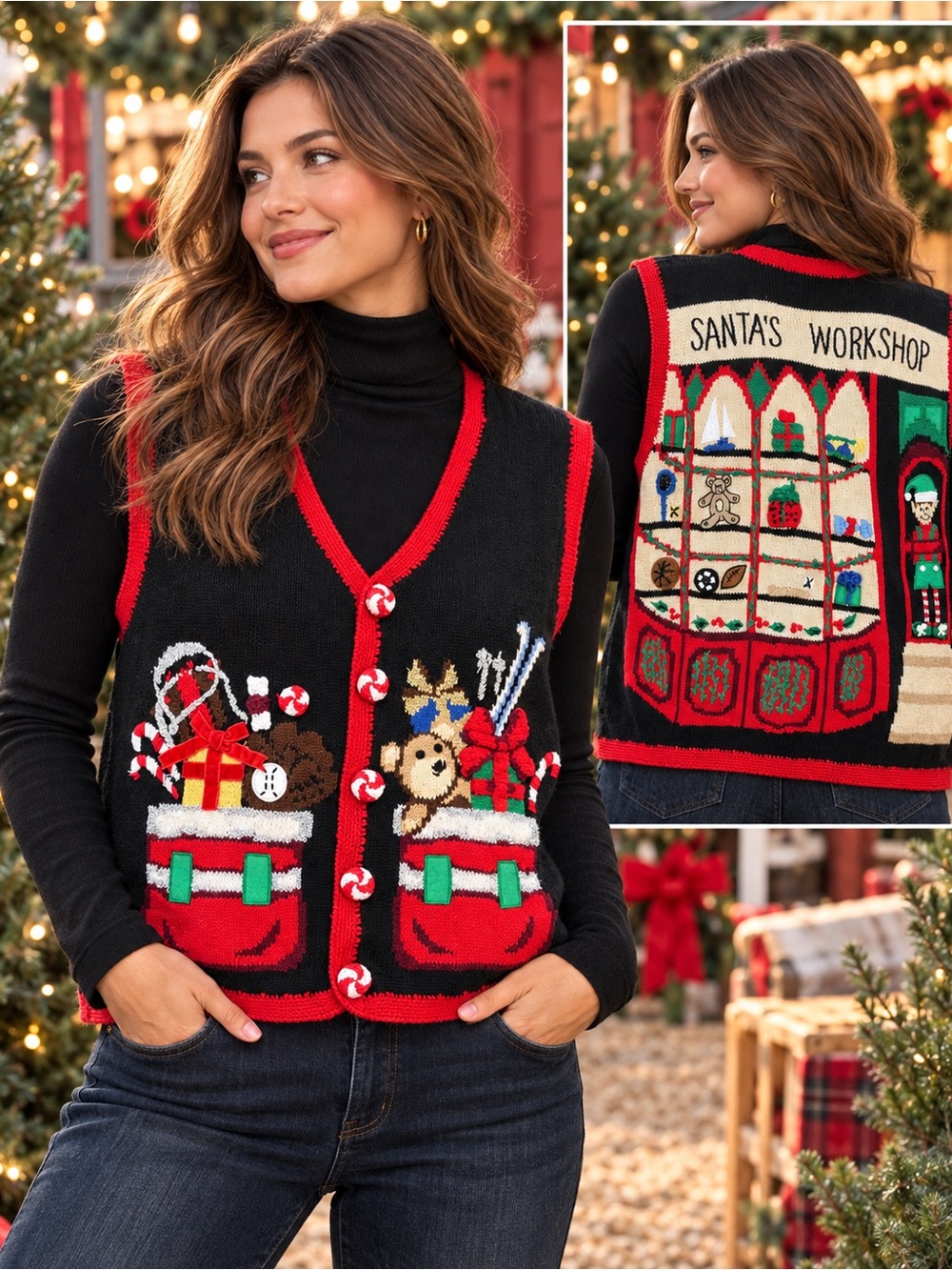 Vintage 1995 Eagle’s Eye Christmas Sweater Vest L Santa’s Workshop 3D Kitsch